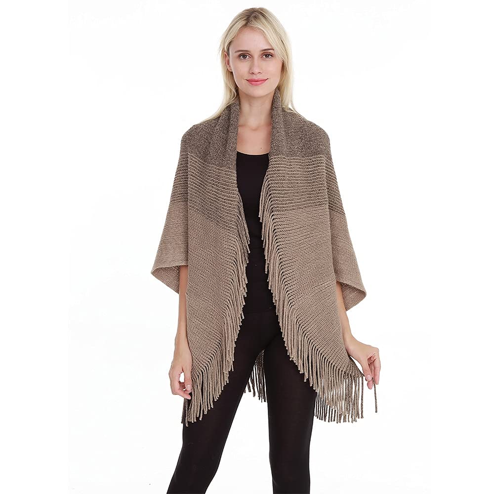 bold n elegant Winter Woolen Shawl Collar Warm Open Front Poncho Cardigan Shrug Style Wrap with Tassel Fringe Hem and Sleeves for Women-picture-54