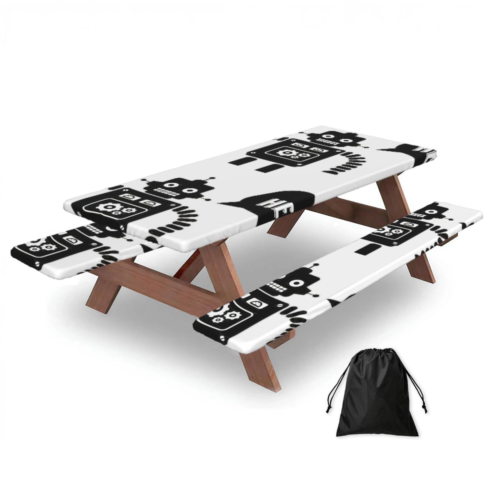 Yqxwjl Black Robot Print Camping Essentials Waterproof Camping Table And Bench Cover With Drawstring Bag 183 Cm