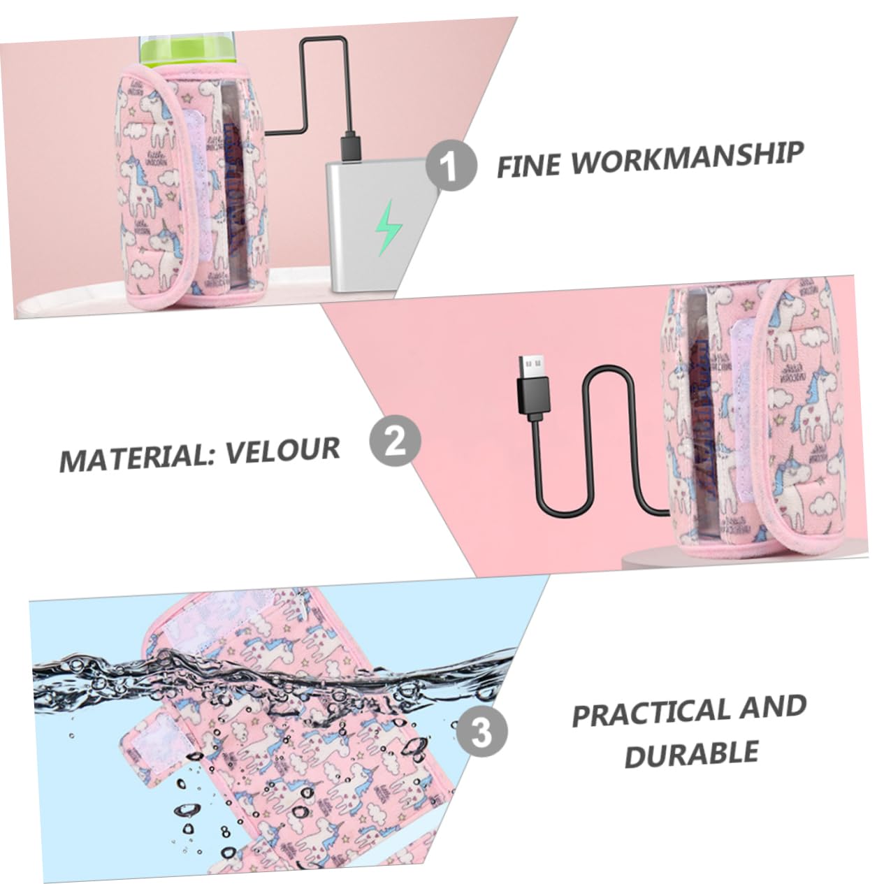 SUPVOX 3 Pezzi set di tazze termiche isolante custodia isolata per biberon termico Caldo manica latte borsa riscaldante con ricarica USB coperchio scaldabiberon di cristallo rosa