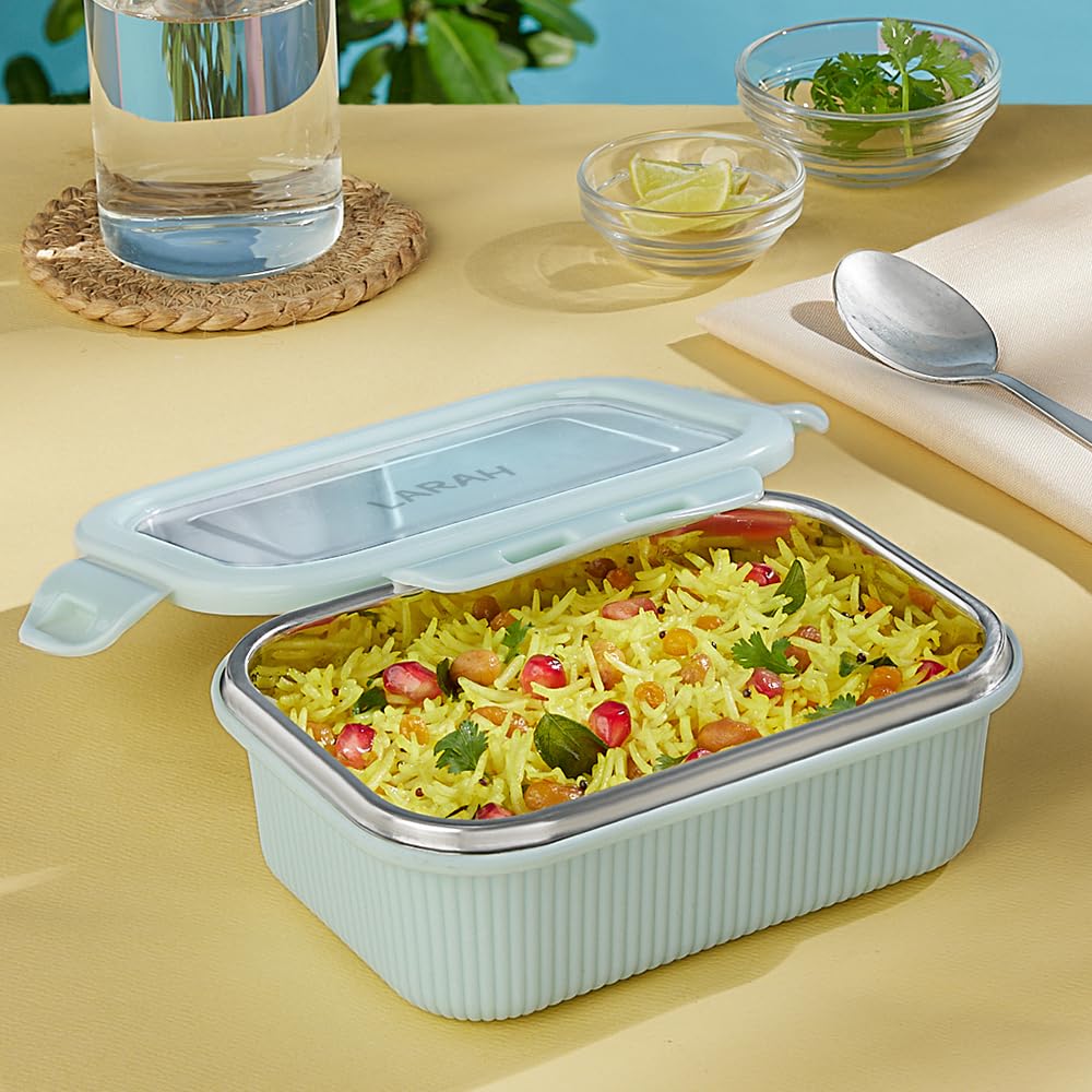 Larah by BOROSIL Freshbyte Food Storage Container with Airtight Stainless Steel Lid | Fridge Container for Lunchbox | Food Grade | Microwave Safe (Green, 400 ml, Rectangular)