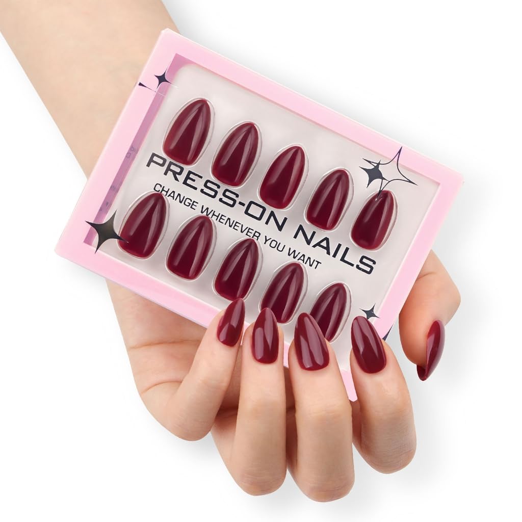 Wine Redness Almond Fake Nails Glossy Stick on Nails Full Covers False Nails Acrylic Stick on Nails Women