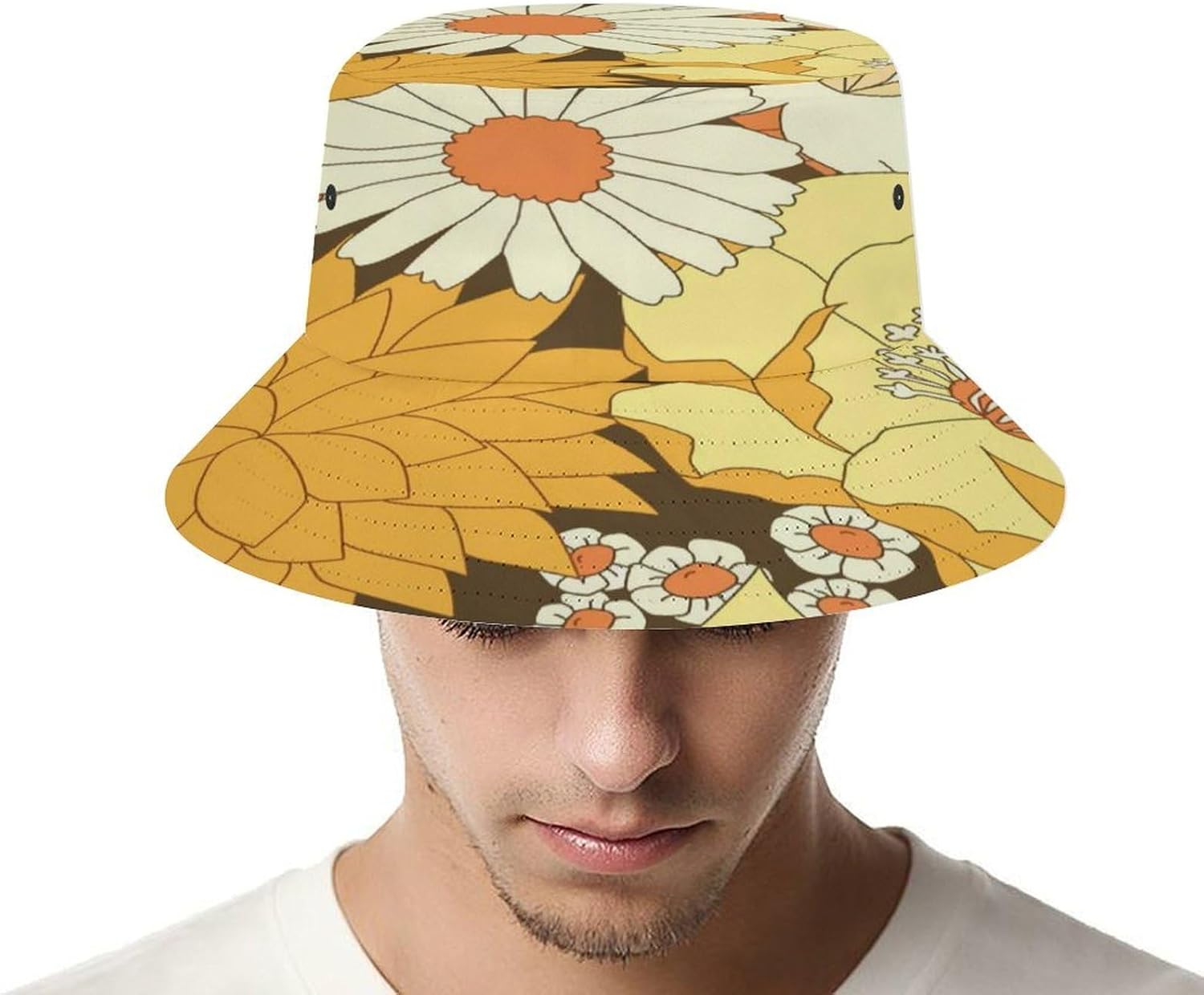 Yellow and Brown Vintage Floral PatternBucket Hat for Women Men Novelty Sun Hats Fishermans Cap Outdoor Summer Travel Beach Caps