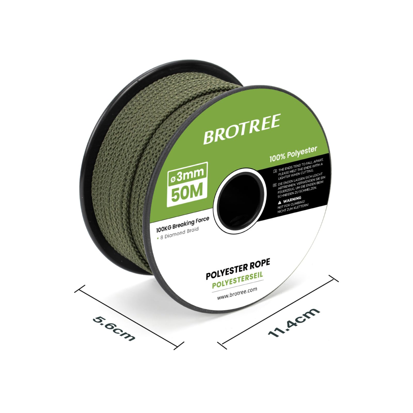 Brotree Polyester Rope 3mm x 50m Army Green - Diamond Braided Rope Cord Low Stretch - 100KG Breaking Load - Image 2