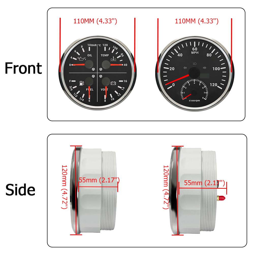 ELING Tachometr GPS 110 mm, 0-120 MPH z obrotomierzem 0-8000 obr./min, obrotomierz z wielofunkcyjnym urządzeniem pomiarowym 4 w 1, 12 V z podświetleniem tła z alarmem do motocykli limuzyn