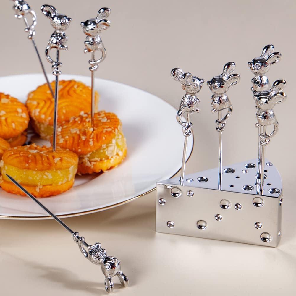 WAYUTO 8 Pcs Mouse Shaped Cocktail Picks with Cheese Holder Stainless Steel Martini Picks Reusable Toothpicks Fruit Picks for Olives Appetizers Sandwich Fruit Hyaline Stone