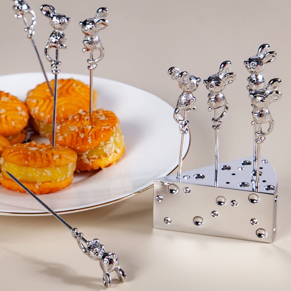 WAYUTO 8 Pcs Mouse Shaped Cocktail Picks with Cheese Holder Stainless Steel Martini Picks Reusable Toothpicks Fruit Picks for Olives Appetizers Sandwich Fruit Hyaline Stone