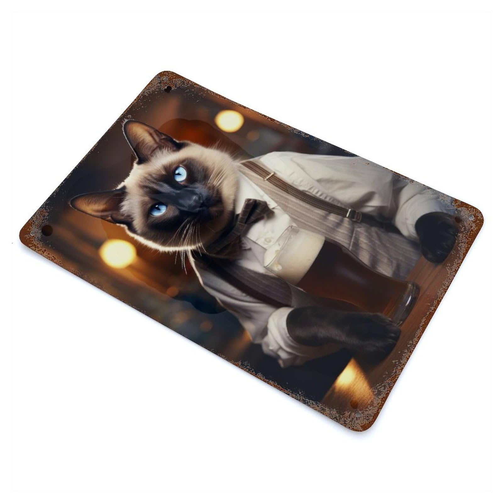 Distressed Metal Wall Sign Siamese Cat in The Pub 11.8"x7.9", Vintage Wall Decor for Cafe, Home Bar And Lounge Decor