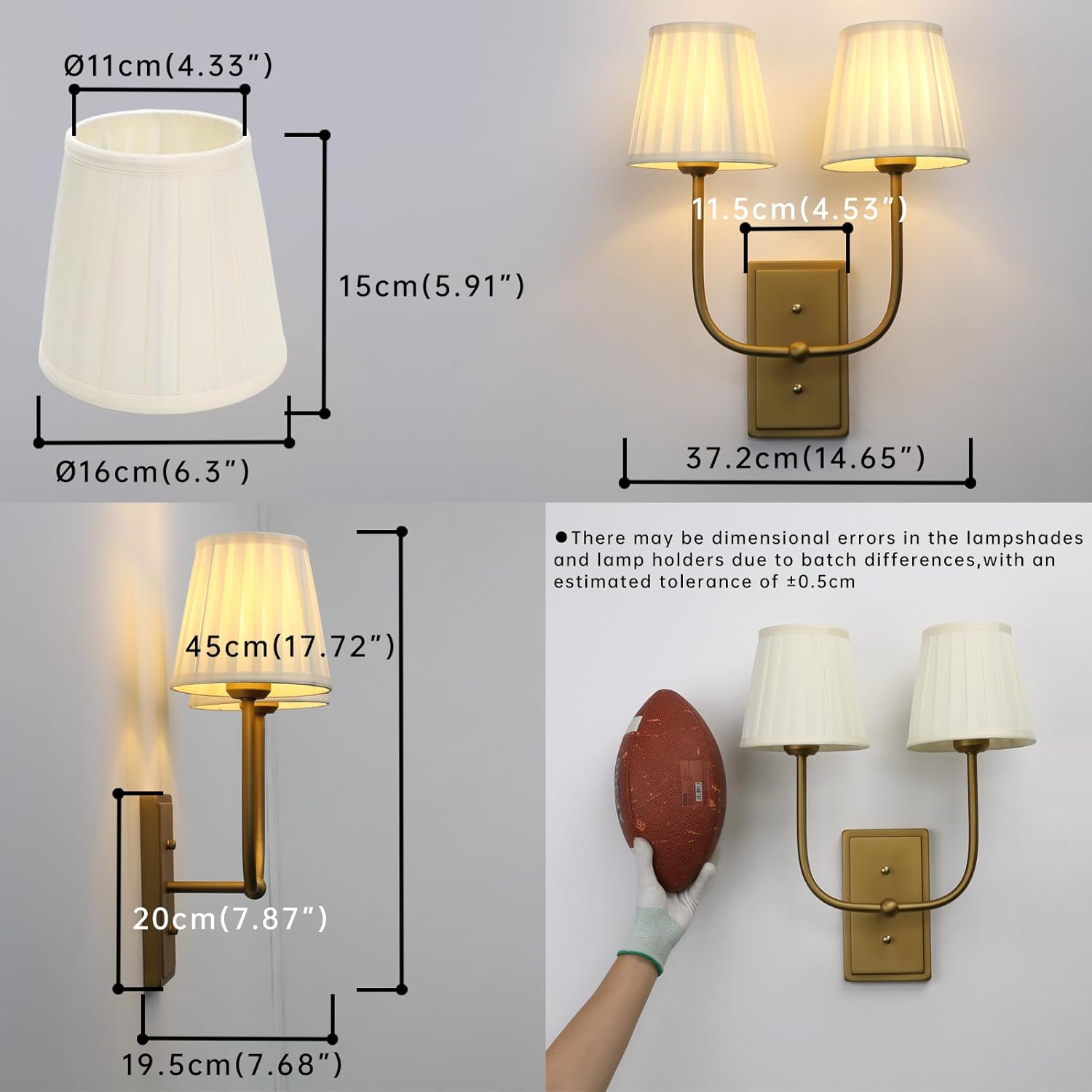 Vintage 2-Lights Wall Sconces with Funnel Beige Pleated Fabric Shades, Double Head Bathroom Vanity Lights Fixture, Indoor Wall Lamps for Bedroom Living Room Dining Room Hallway