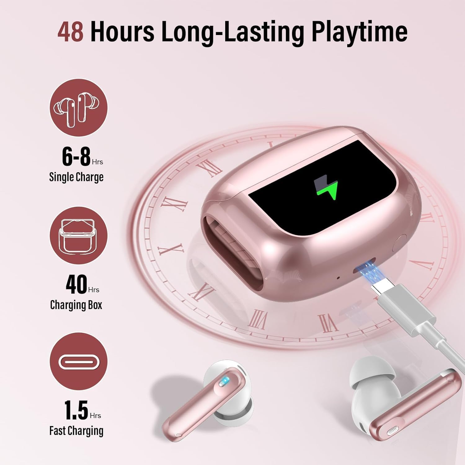 Wireless Earbuds, Bluetooth 5.4 Headphones with Multifunctional Touch Screen, 48H Bass Stereo Ear Buds with ANC/ENC Noise Cancelling/Transparency Mode, IPX7 Earphones with 5 EQ Modes, Rose