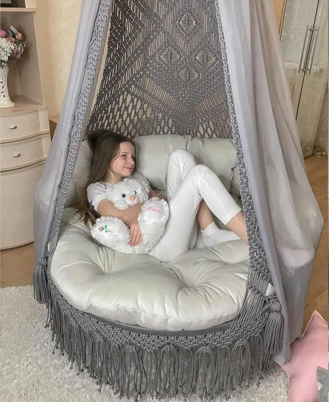 Image of Macrame Hanging Chair Swing with Cushions, Boho Indoor Round Hammock Seat Indoor & Outdoor - Patio, Balcony, Bedroom, Living Room, Garden-Kids, Adults (Grey with Stars)