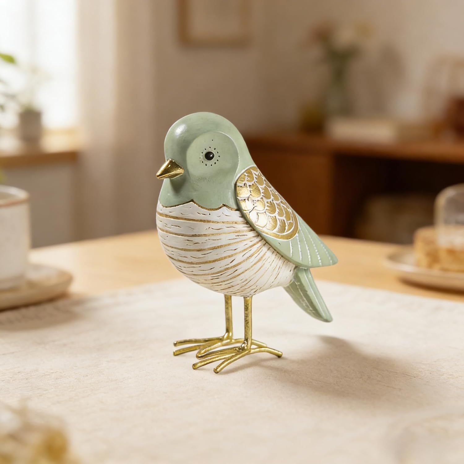 Elegant Green & Gold Bird Resin Statue, Hand-Painted Decorative Bird Figurine, Modern Home Office Desk Decor, Cute Animal Ornament Gift for Bird Lovers
