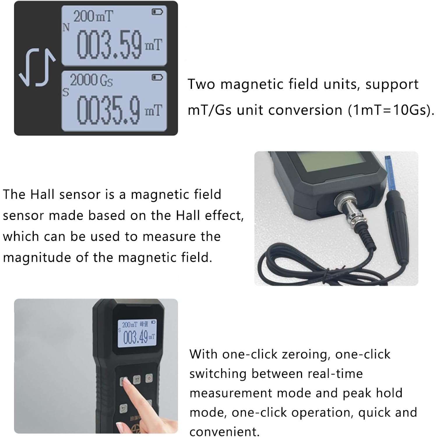 Detektor pola magnetycznego, ręczny cyfrowy gaussmeter, zakres pomiarowy 0-2000 mT (20000 G), obsługa konwersji jednostek, automatyczna kalibracja zerowa, przeznaczony do warsztatów