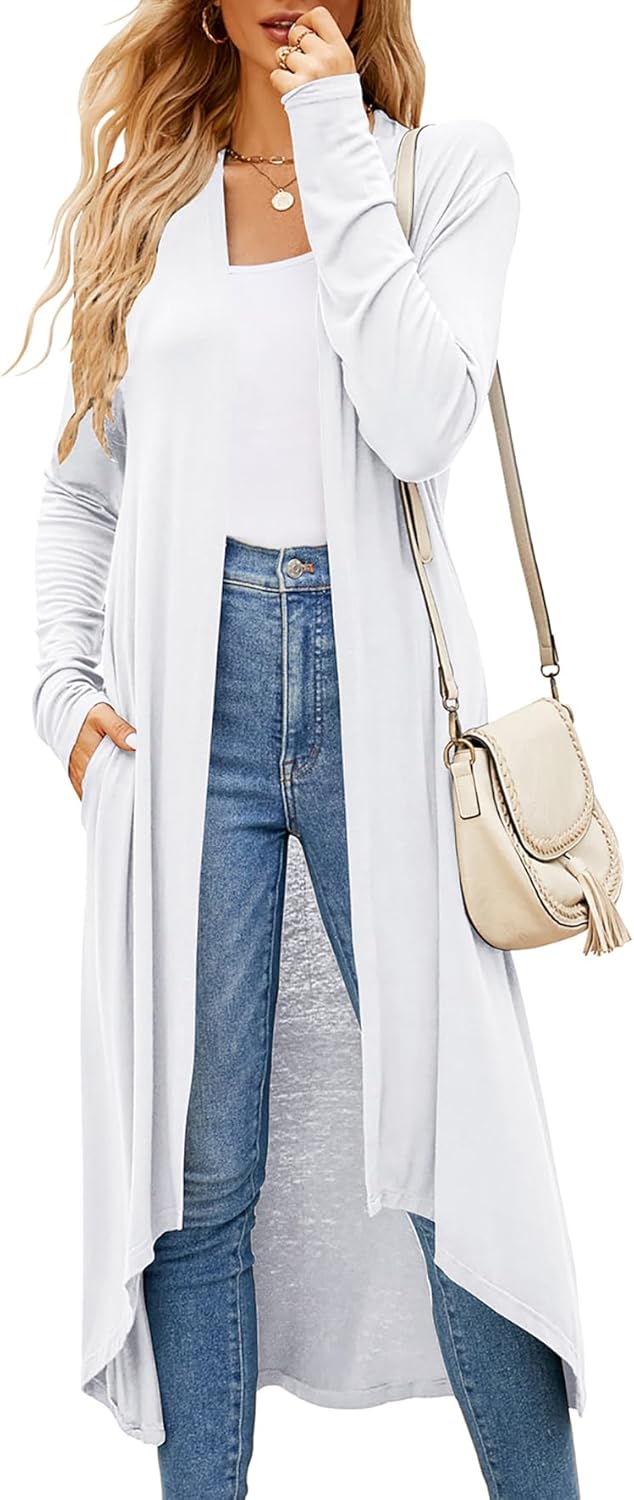 Newchoice Womens Long Cardigan Summer Casual Draped Open Front Lightweight Long Sleeve Cardigan Duster with Pockets