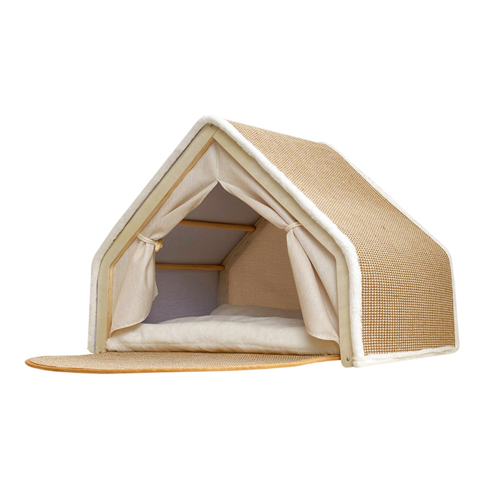 Cuccia Gatto Interno Chiuso, Casetta per Gatti in Legno con Sisal, Tenda Morbida per Gatti Timidi, 2 in 1 con Cuscino, 50x40x40cm