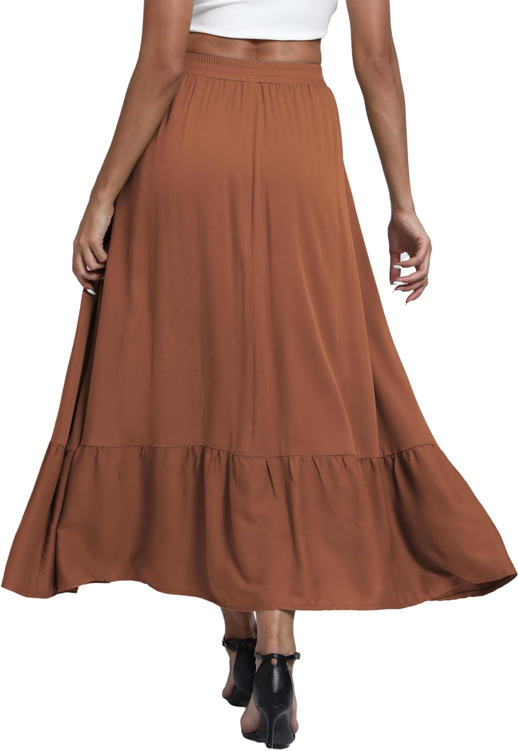 EXCHIC Women's Flowy Boho Maxi Skirt Elastic Waist A-Line Flared Ruffle Long Skirts with Pockets - Image 5