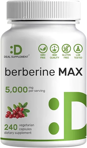 DEAL SUPPLEMENT Berberine Max Supplement with Turmeric, 5,000mg Per Serving, 240 Veggie Capsules – 97% Pure Berberine HCl – 20:1 Turmeric Root Extract – Vegetarian Friendly, Non-GMO