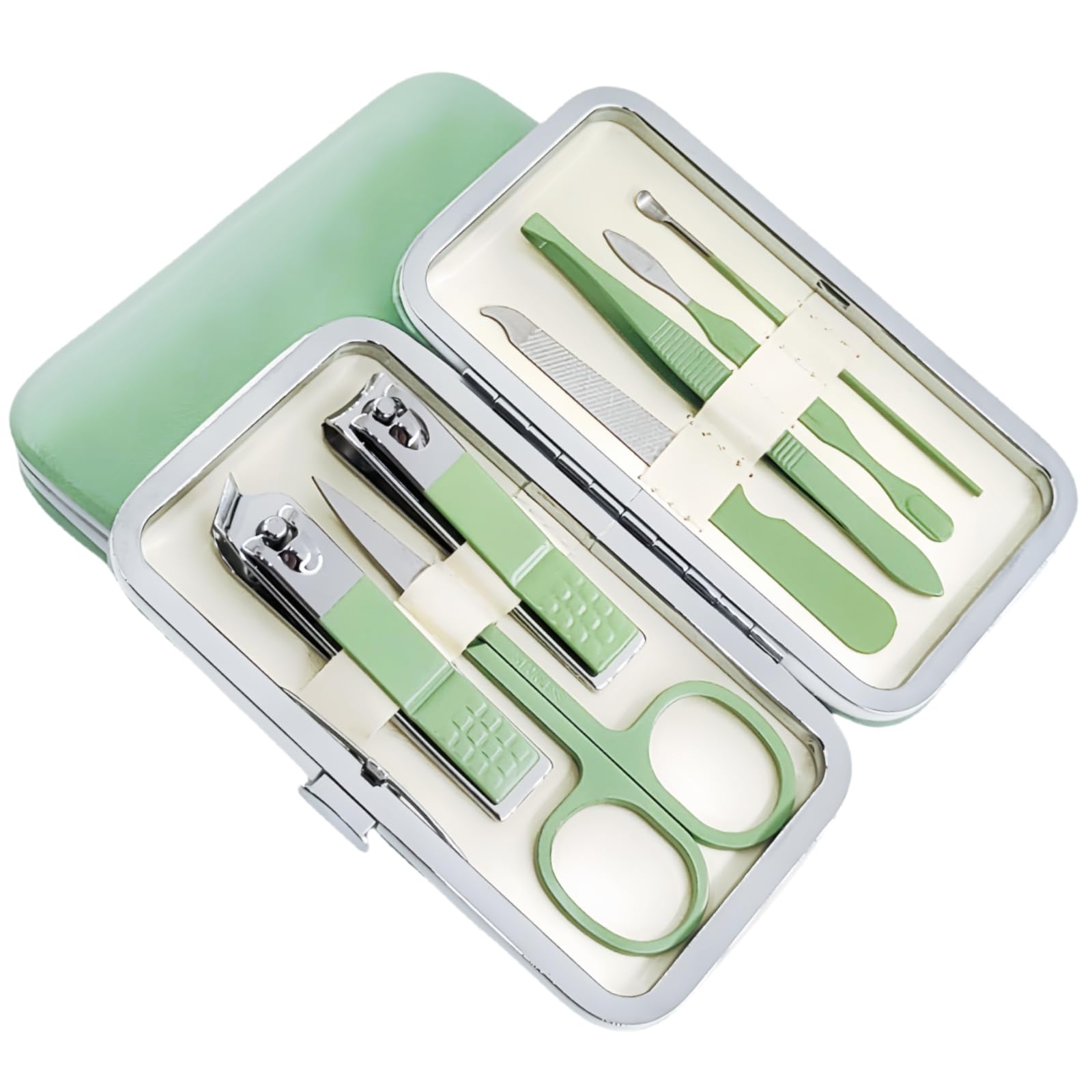 QURIPE Juego de manicura de 7 piezas, kit de cortaúñas, kit de manicura de acero inoxidable, herramientas de corte de uñas, kit portátil de aseo de viaje, el mejor regalo con estuche de lujo (verde)