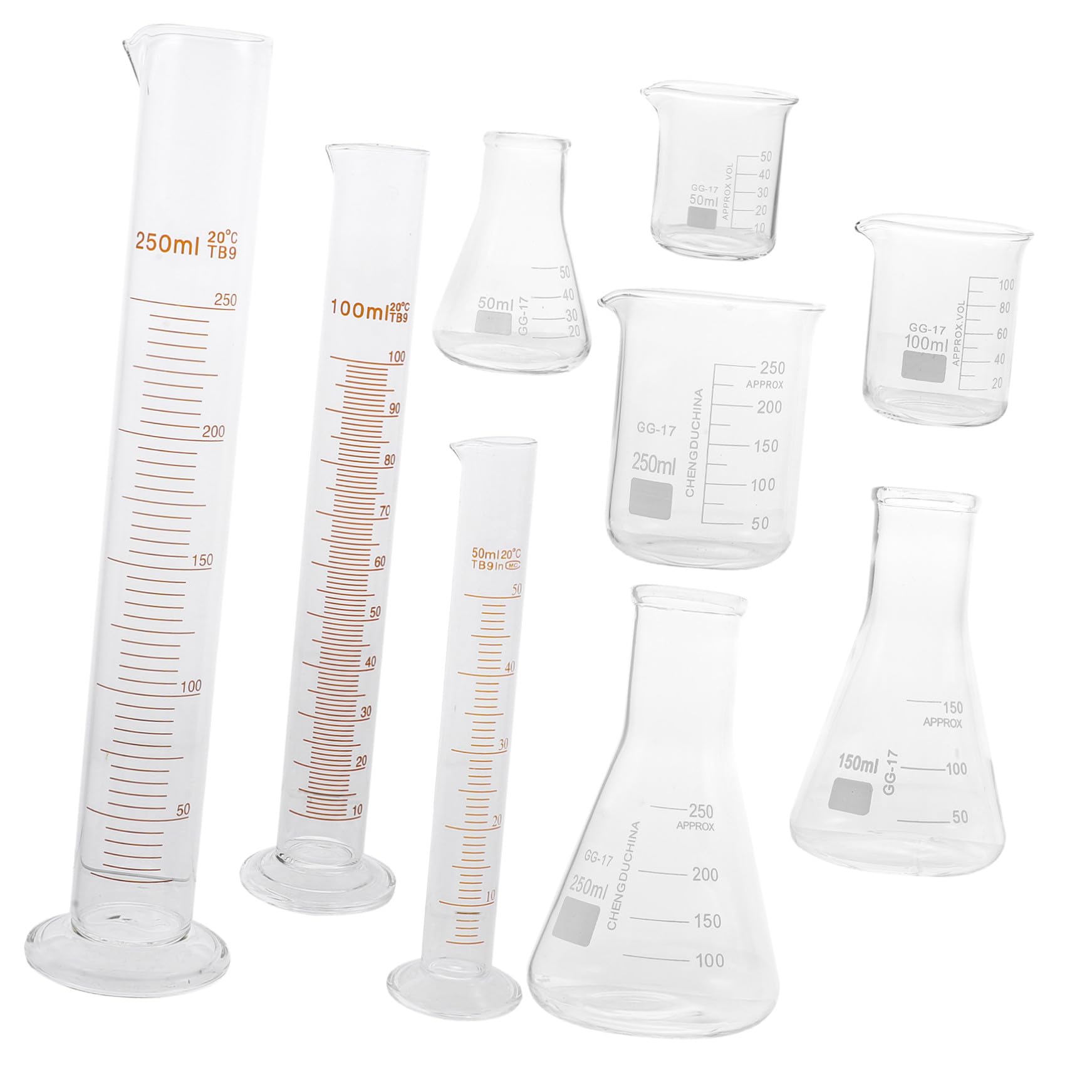 Cilindro Graduato in Vetro 9 Pezzi Scala Chiara per Laboratorio | Becher e Fiaschetta Triangolare Trasparenti, Capacità 50ml 100ml 150ml 250ml, per Chimica Scolastica e Ricerca