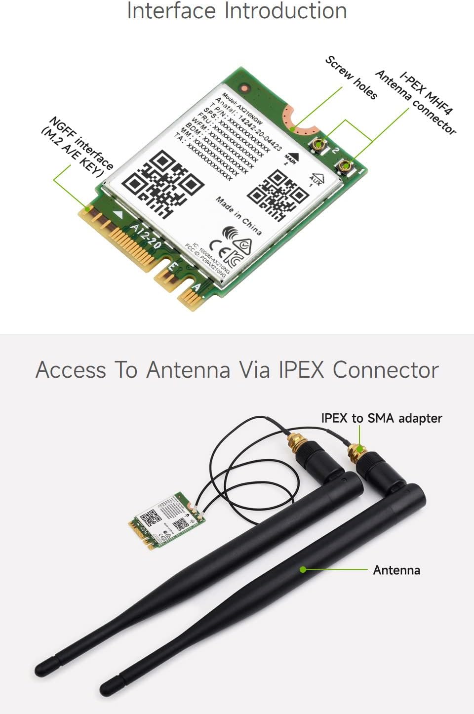 Waveshare Wireless AX210 NIC, Gigabit Tri-Band Wi-Fi 6E, 802.11AX Standard, Bluetooth 5.3, 2.4G/5G/6GHz, NGFF Interface, MU-MIMO, High-Speed Performance & Compatibility