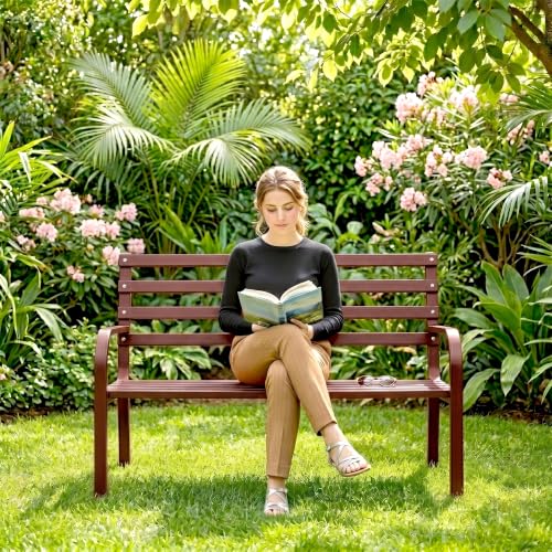 Image of BRISHI 2 Seater Metal Garden Bench for Indoor & Outdoor Park /Patio /Living Room /Terrace /Balcony (Brown)