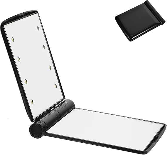 TechTic Katlanır Mini Işıklı Makyaj Aynası Cep Çanta Aynası 8 LED Pilli(23A 12V Pil Dahildir) (SİYAH)