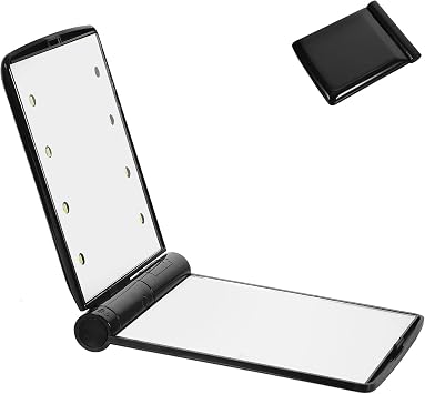 TechTic Katlanır Mini Işıklı Makyaj Aynası Cep Çanta Aynası 8 LED Pilli(23A 12V Pil Dahildir) (SİYAH)