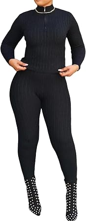 Womens Casual Knit 2 Piece Sets Long Sleeve Zipper Up Top and High Waisted Bodycon Long Sweater Sets