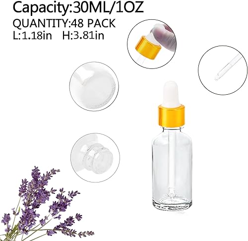 Miniatura 3 de Paquete de 48 Botellas Cuentagotas de Vidrio Transparente de 1 oz, Botellas Cuentagotas con Cuentagotas de Vidrio para Aceites Esenciales, Perfumes