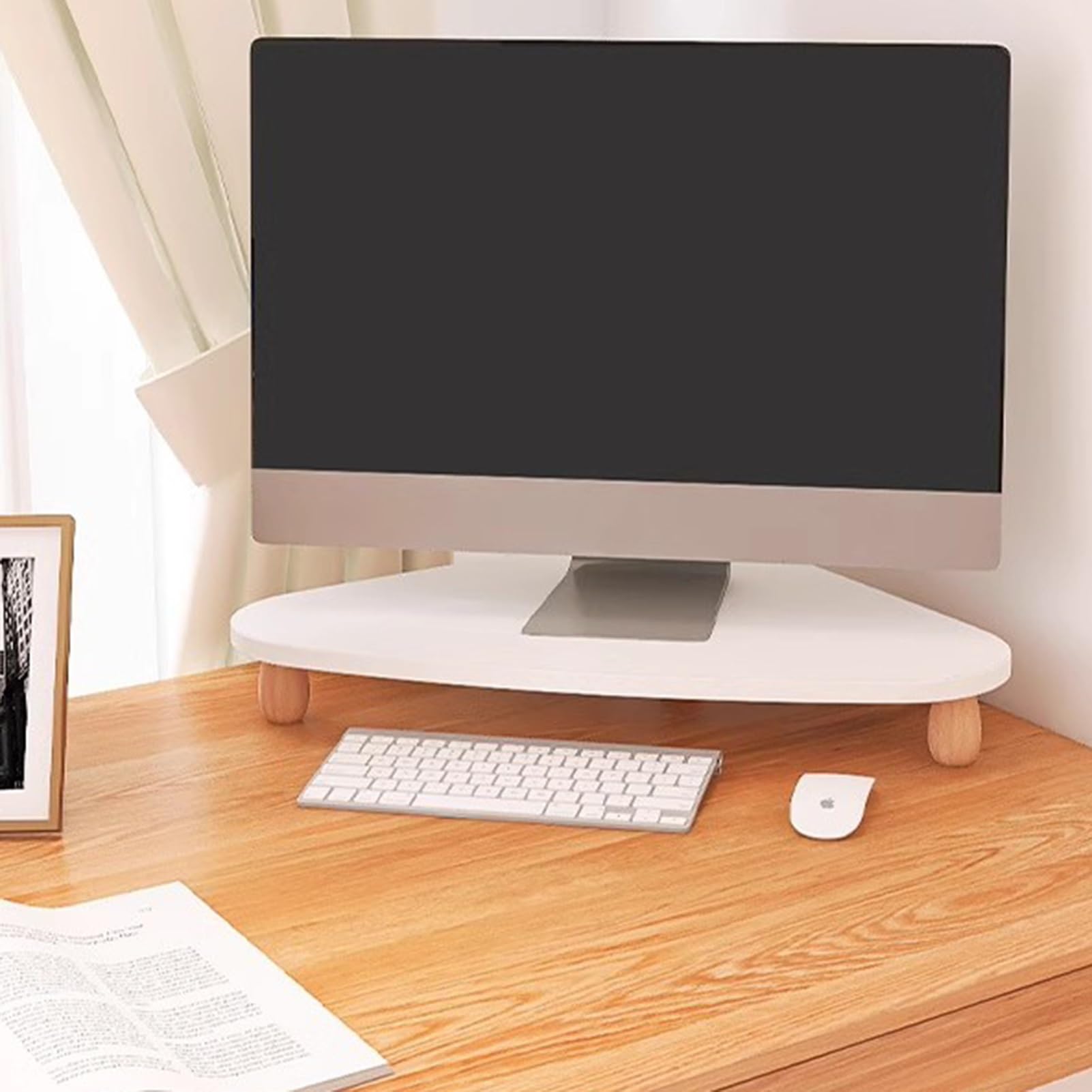 Stojak na monitor narożny biały Stojak na monitor narożny Organizer, drewniany stojak na monitor, przechowywanie na stoliku do makijażu, trójkątna ergonomiczna półka na komputer os
