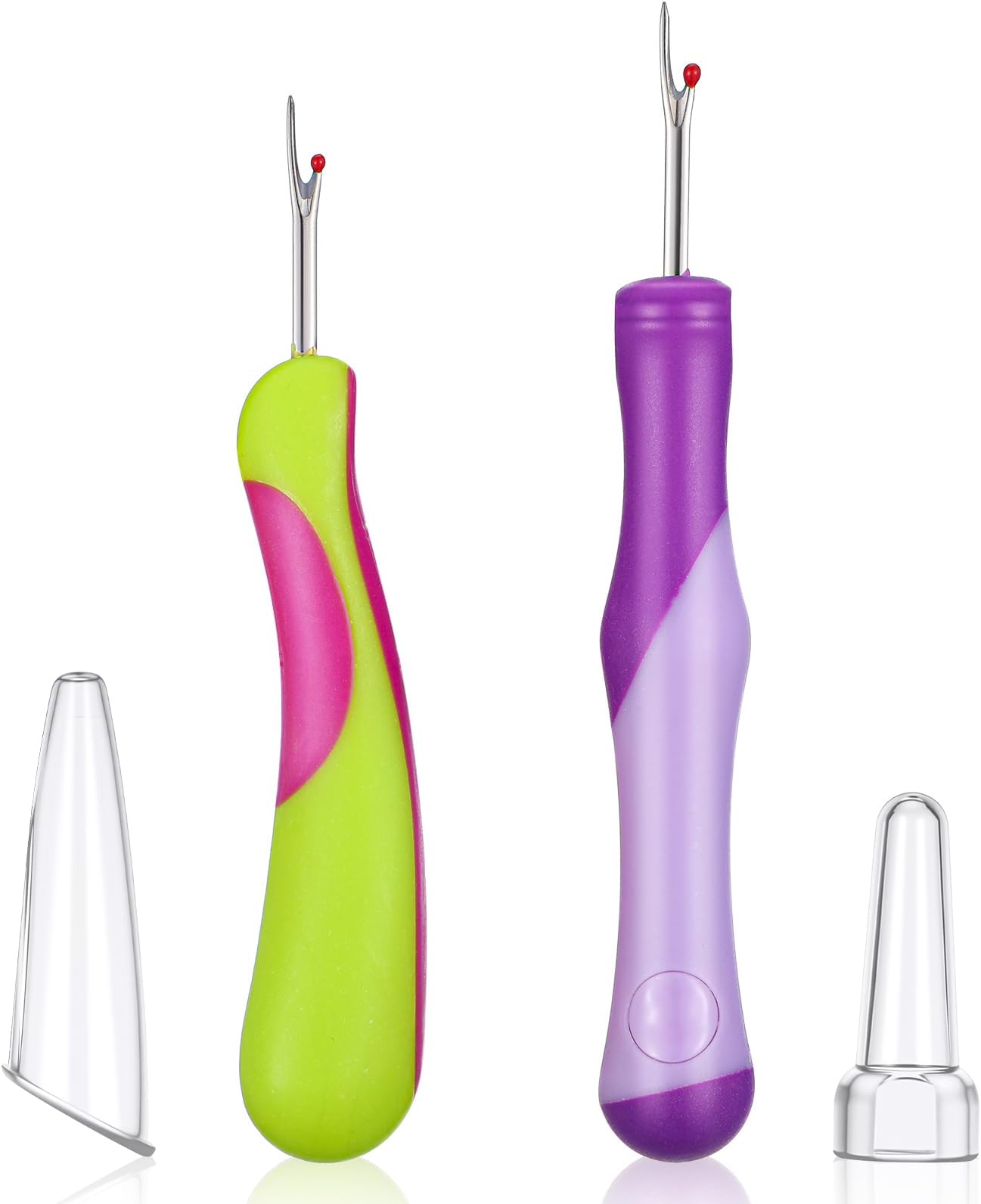 2 Pcs Seam Ripper for Sewing, Stitch Remover Tool with Safety Caps Needle and Thread Picker Tool Supplies Accessories for Embroidery Hand Sewing Crafting Cross Stitching Knitting (Purple & Green)