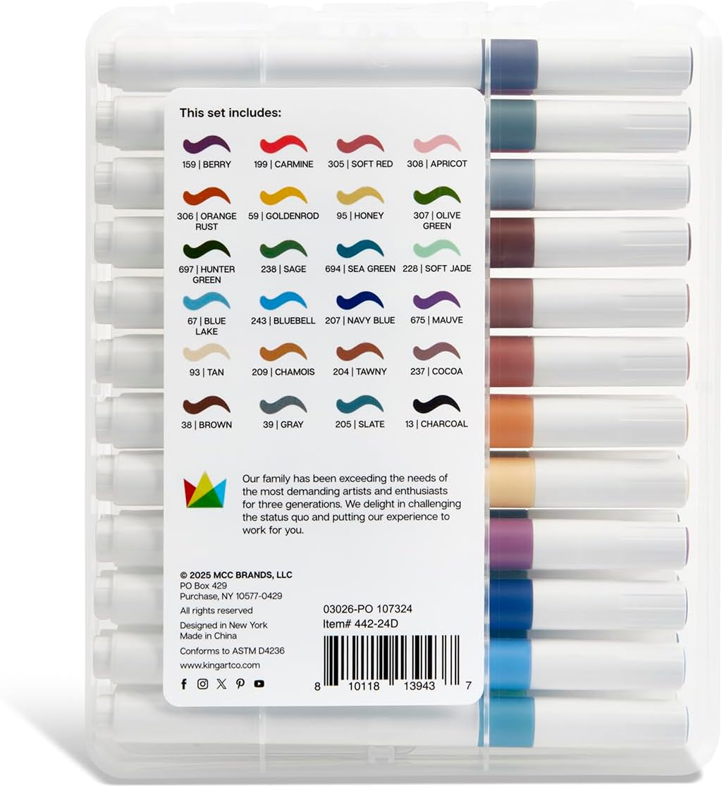 KINGART 24-Piece Earth Tone Acrylic Paint Brush Tip Marker Set – Flexible Fiber Brush Tips – Smooth Opaque Water-Based Ink for Nature Illustration and DIY Crafts – 24 Unique Earth Tone Colors