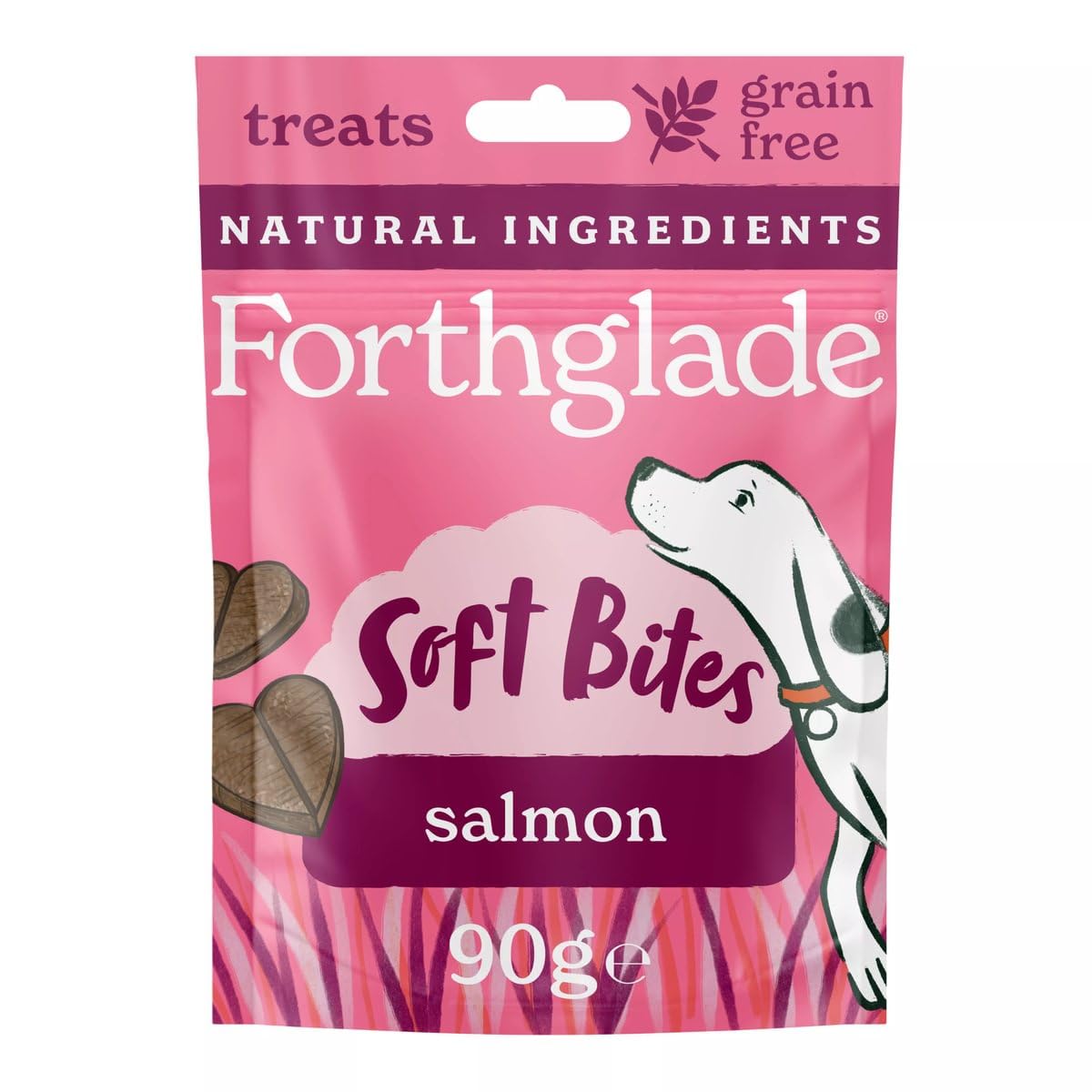 Forthglade Natural Dog Treats (8 x 90g Bags) - Hypoallergenic & Grain Free Dog Treats with Salmon, Hand-Baked Soft Bites, Resealable Bags