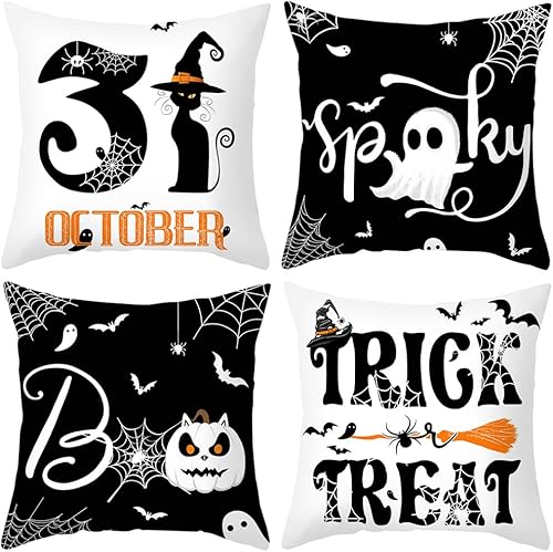 Miniatura 1 de Juego de 4 almohadas de Halloween para habitación familiar y sala de estar, terraza, decoración del hogar, hecha de poliéster duradero tema de