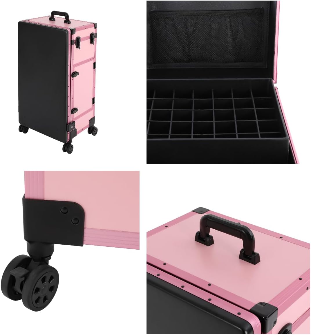 Rolling Manicure Table, Traveling Nail Tech Case with Table, Portable Nail Table with Storage, Lockable Travel Nail Desk with LED Light and Wheels for Barbers & Makeup Enthusiasts (Pink)