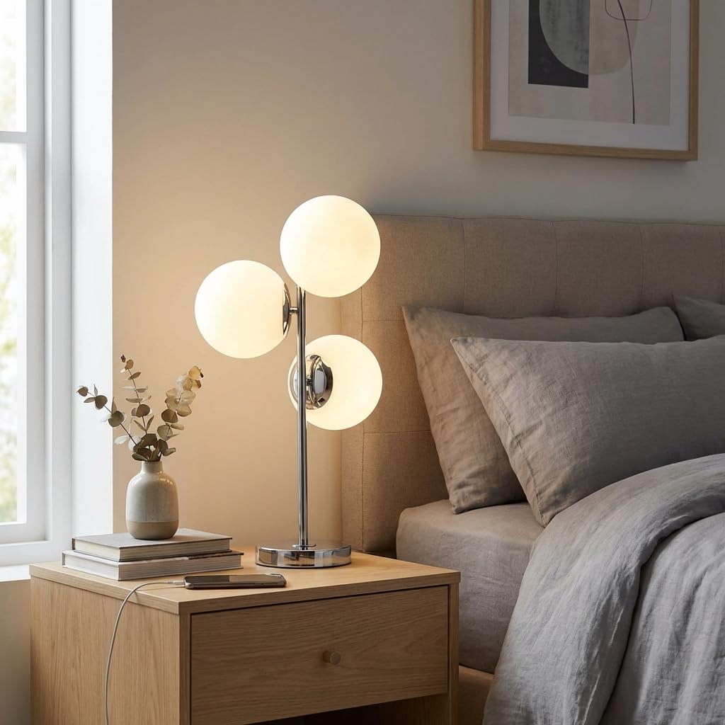 BARCELONA LED Lampa stołowa ROM z potrójną kulą z opalowego szkła Ø15 cm, nowoczesna konstrukcja kompatybilna z żarówkami E27, idealna do salonu, sypialni, biura, biurka i stylowego oświetlenia wnętrz