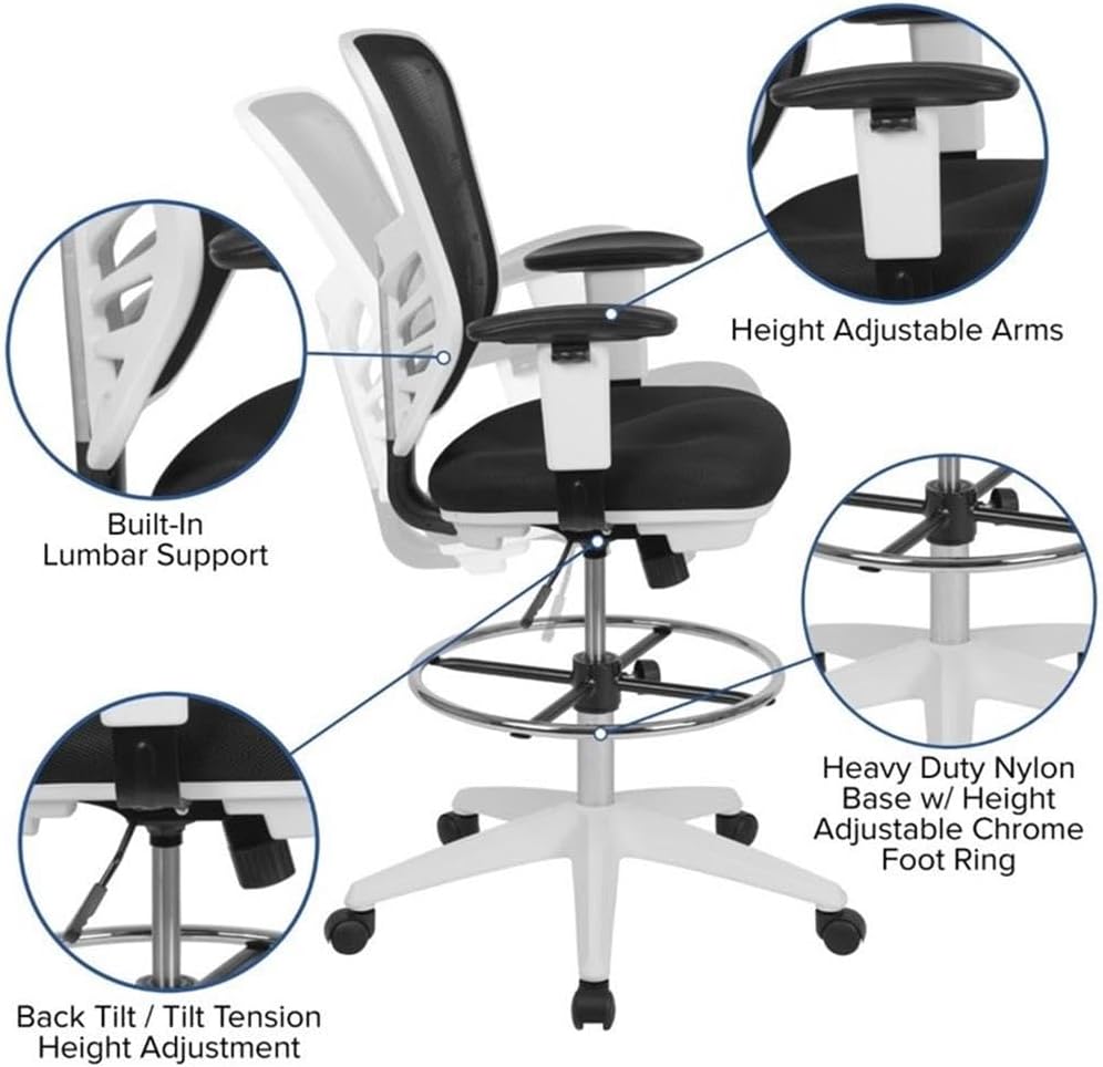 BOWERY HILL Ergonomic Mid Back Mesh Drafting Stool, Adjustable Black and White Chair with Lumbar Support, Contoured Seat, Chrome Foot Ring, Tilt Lock Mechanism, 41.5"-49.5" Height for Office or