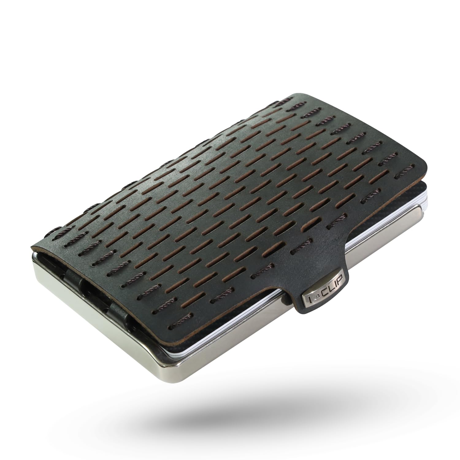 I-CLIP Steel Portafoglio Uomo Slim con Portamonete Banconote, Mini Wallet fino a 10 Carte, Pelle Nero, Telaio Acciaio Lucidato