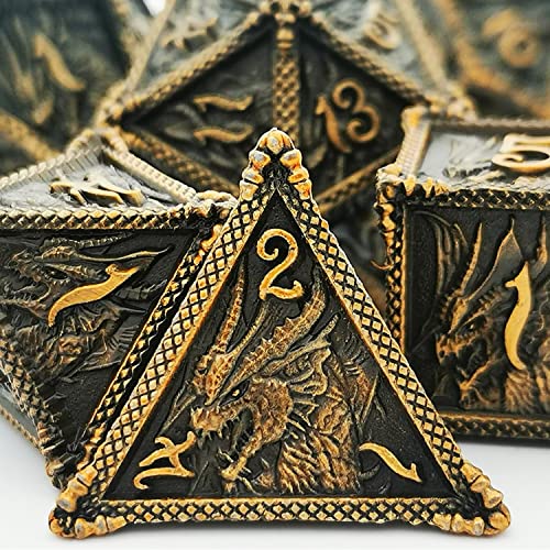 Haomeja Dice Dnd Metal Dragon Set Dice 7 Role Playing Dice D&D Solid Dice Dungeons And Dragons (Ancient Brass) #TOP28