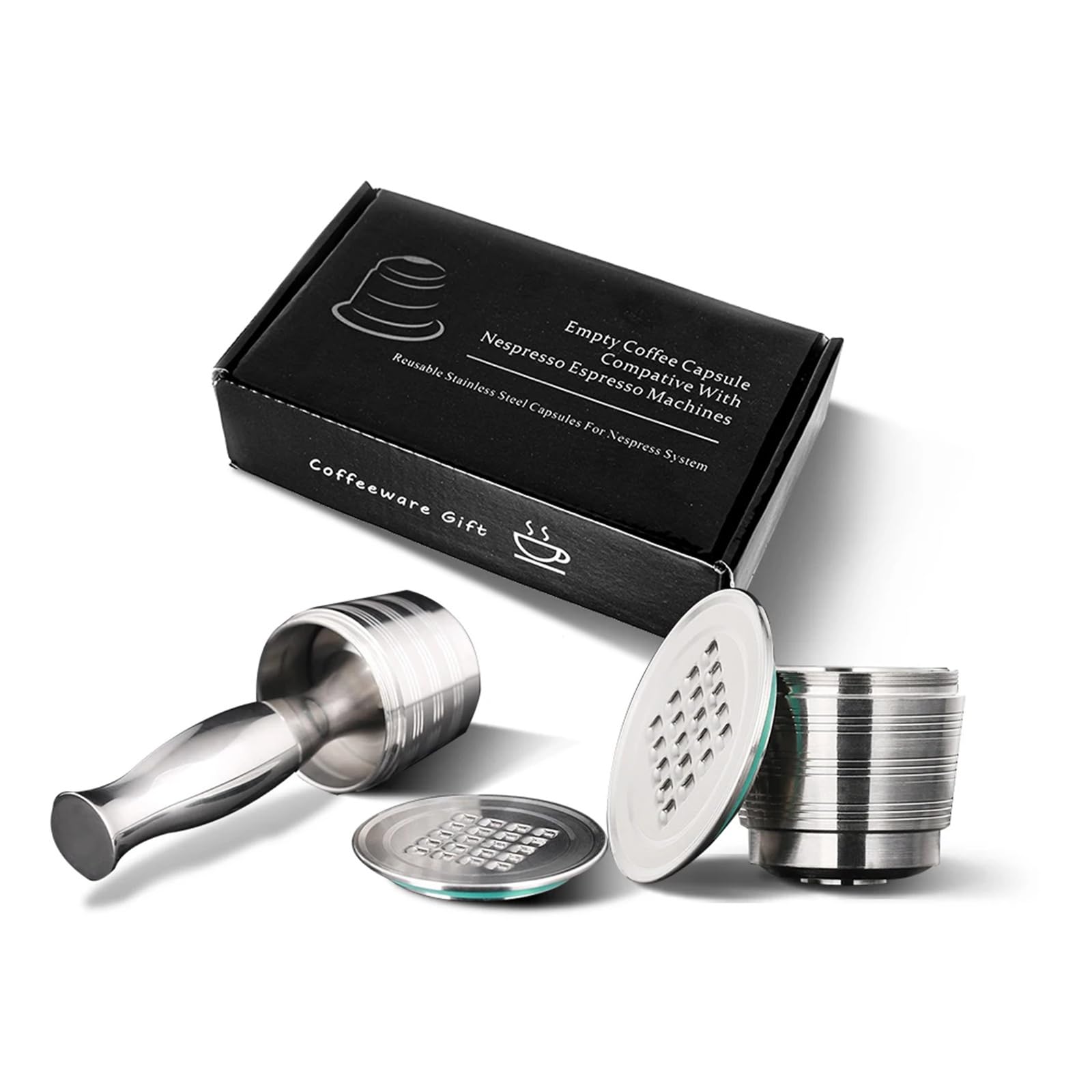 Cápsula de café recargable Compatible con cafeteras filtro de café reutilizable de cápsula de café de acero inoxidable(1PCS Pod 1PCS Tamper)