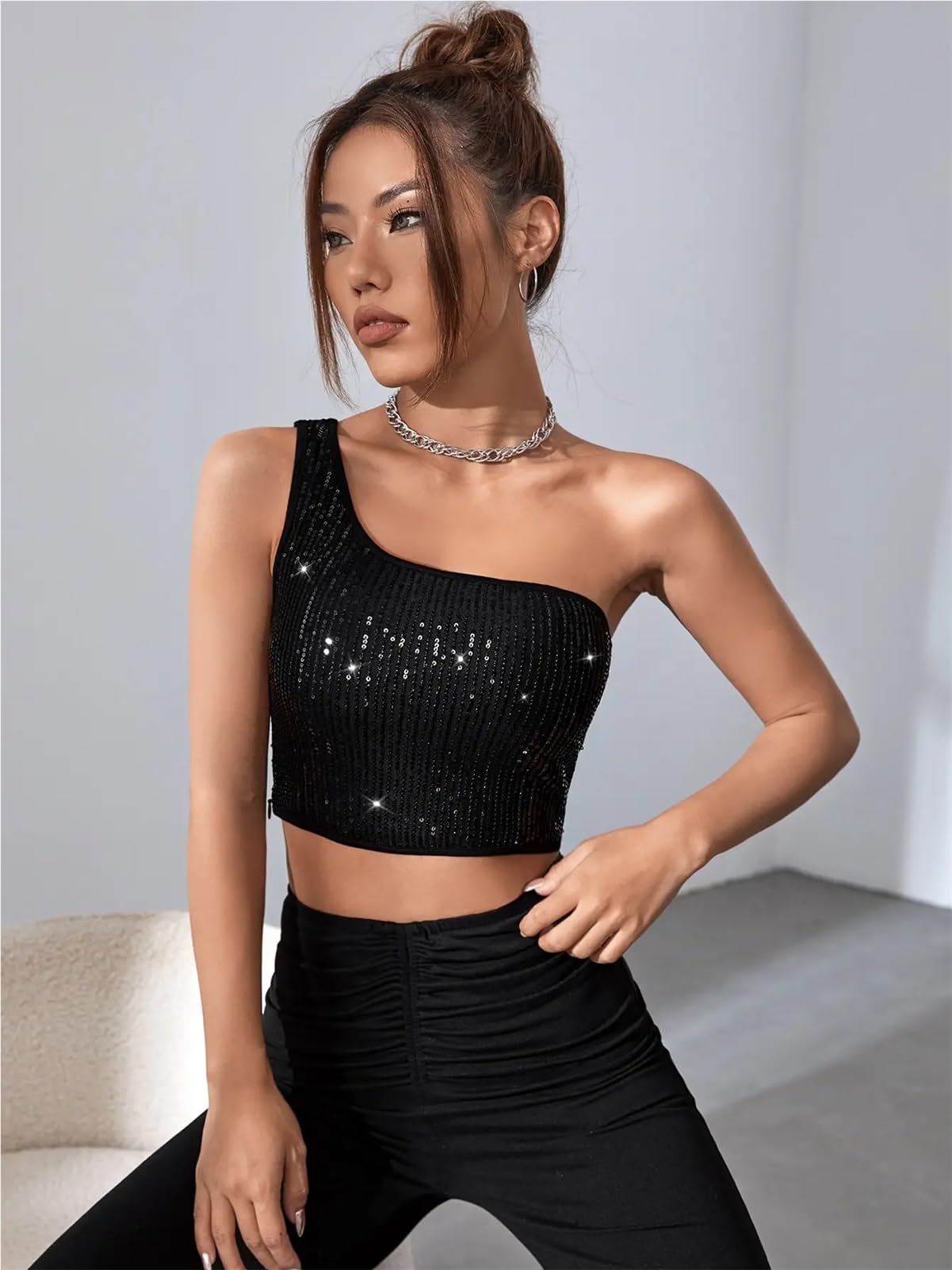 Haut Epaules Dénudées Haut Court à Paillettes Noires asymétriques for Femme, Tenue Scintillante for Les fêtes, la Danse, Les Rave(S)