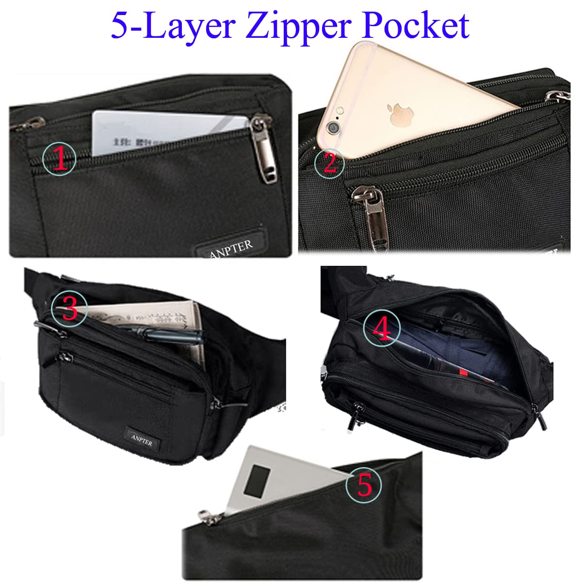 Riñoneras Mujer Hombre Multifuncional con 5 Bolsillos con Cremallera Riñonera Running Impermeable Ajustable Grande Capacidad para Senderismo Correr Compras Caminar Ciclismo(Negro) — view 5