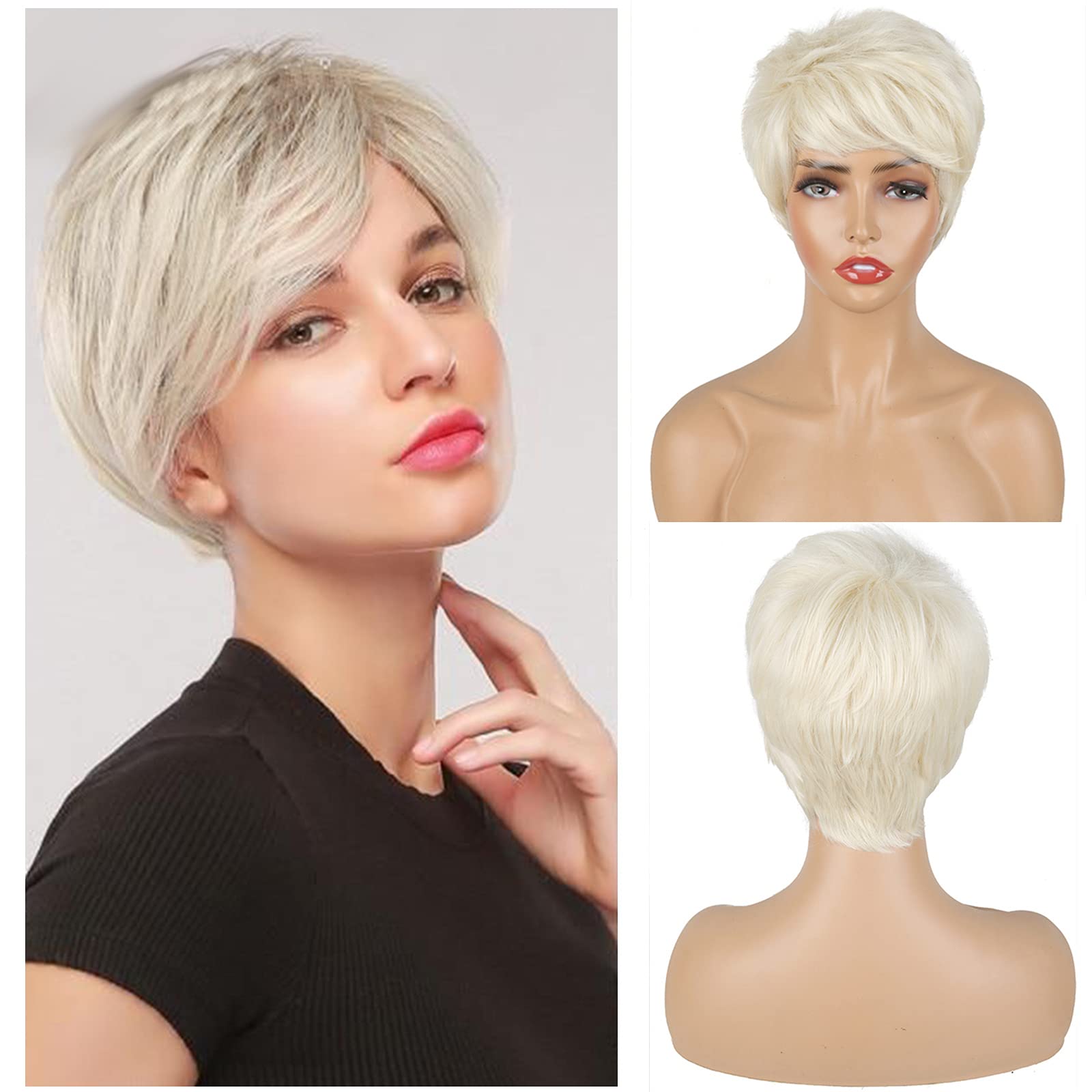 Short Ombre Layered Wigs Pixie Cut Wigs for Women Layered Wigs witn Bangs Premium Heat Resistant Synthetic Hair Wigs (Light golden)