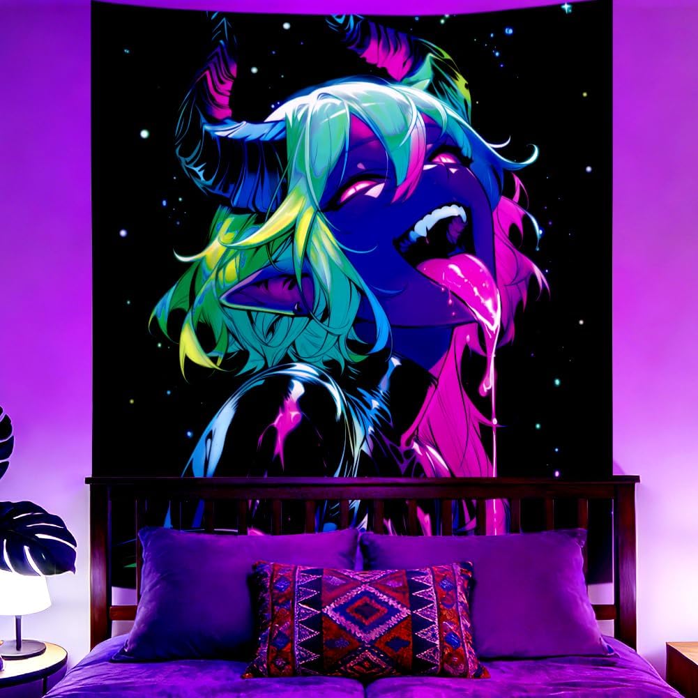 WEBEEDY Blacklight Devil Anime Tapestry Neon Wall Tapestry UV Reactive Glow In The Dark, Cool Cartoon Poster Photo Backdrop Wall Decor for Halloween Bedroom Gamer Room Dorm Living Room Decor, 150x130cm/59x51 Inches image 3