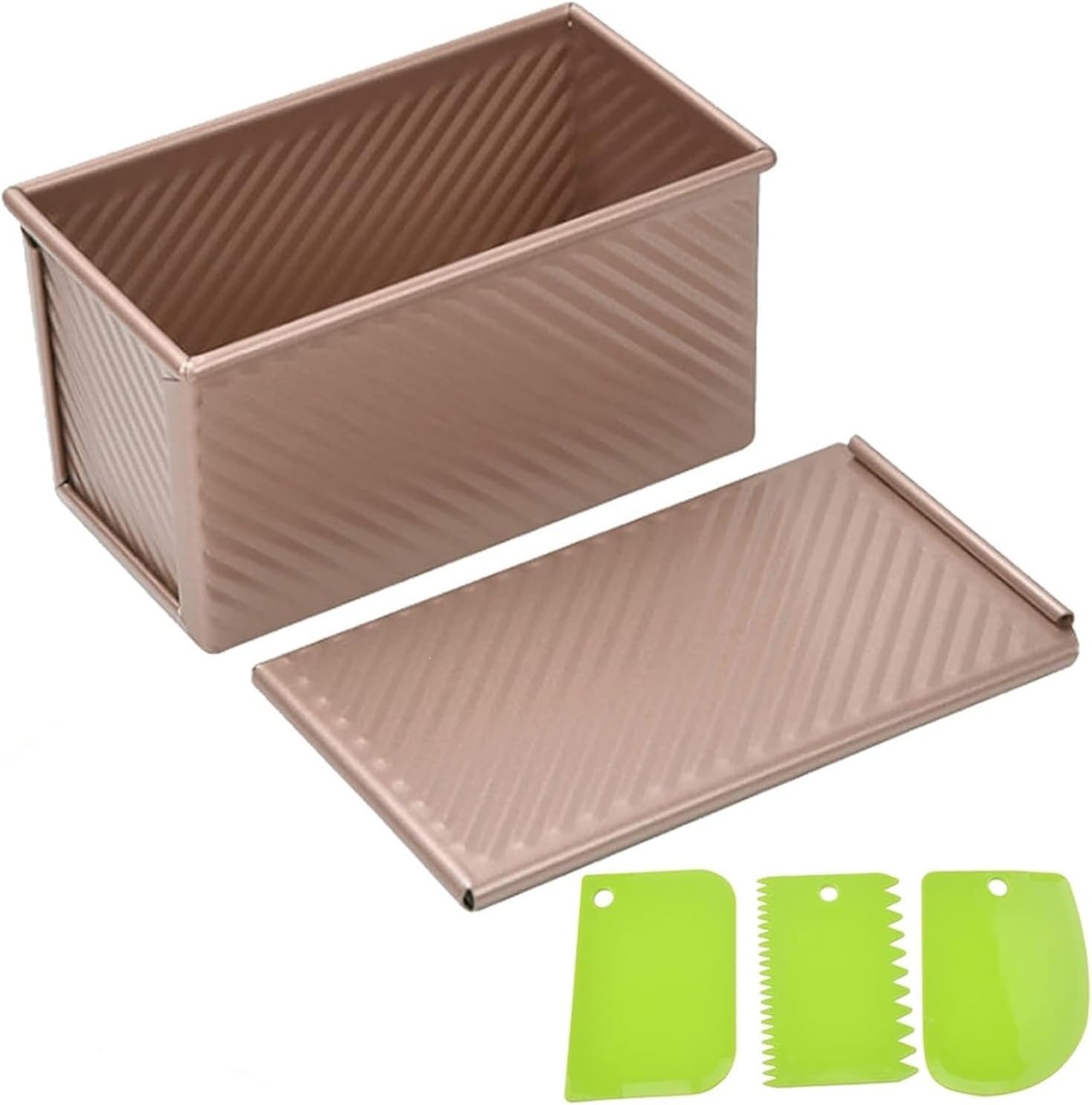 Long Loaf Pan With Lid Non-Stick Carbon Steel Bread Toast Mold With Dough Scraper Baking Supplies(Black 4pcs)