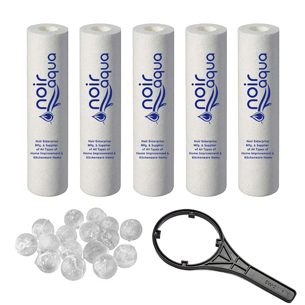 5pcs PP Spun Filter + 1 Spanner with 5pcs Antiscalant Balls for All Types of RO Water purifiers - RO Spun Filter Cartridge Sponge Replacement Water Filter Candle