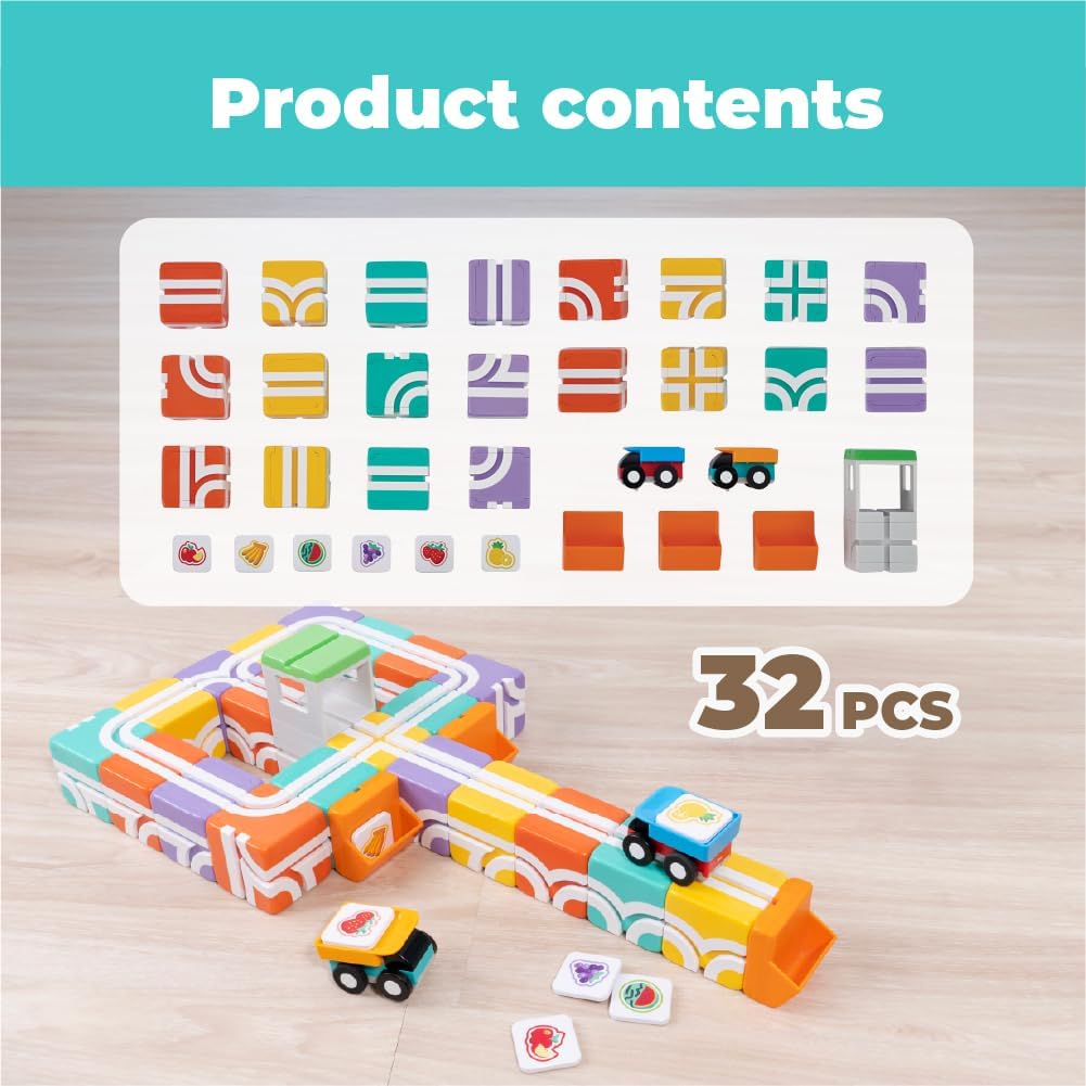 QBI Magnetic Blocks for Toddlers Ages 2-4｜STEM Magnetic Building Blocks with Trucks & Fruit Tiles｜Montessori Magnet Building Cubes for Kids｜Educational Gifts for Boys & Girls Ages 2+ (32PCS)