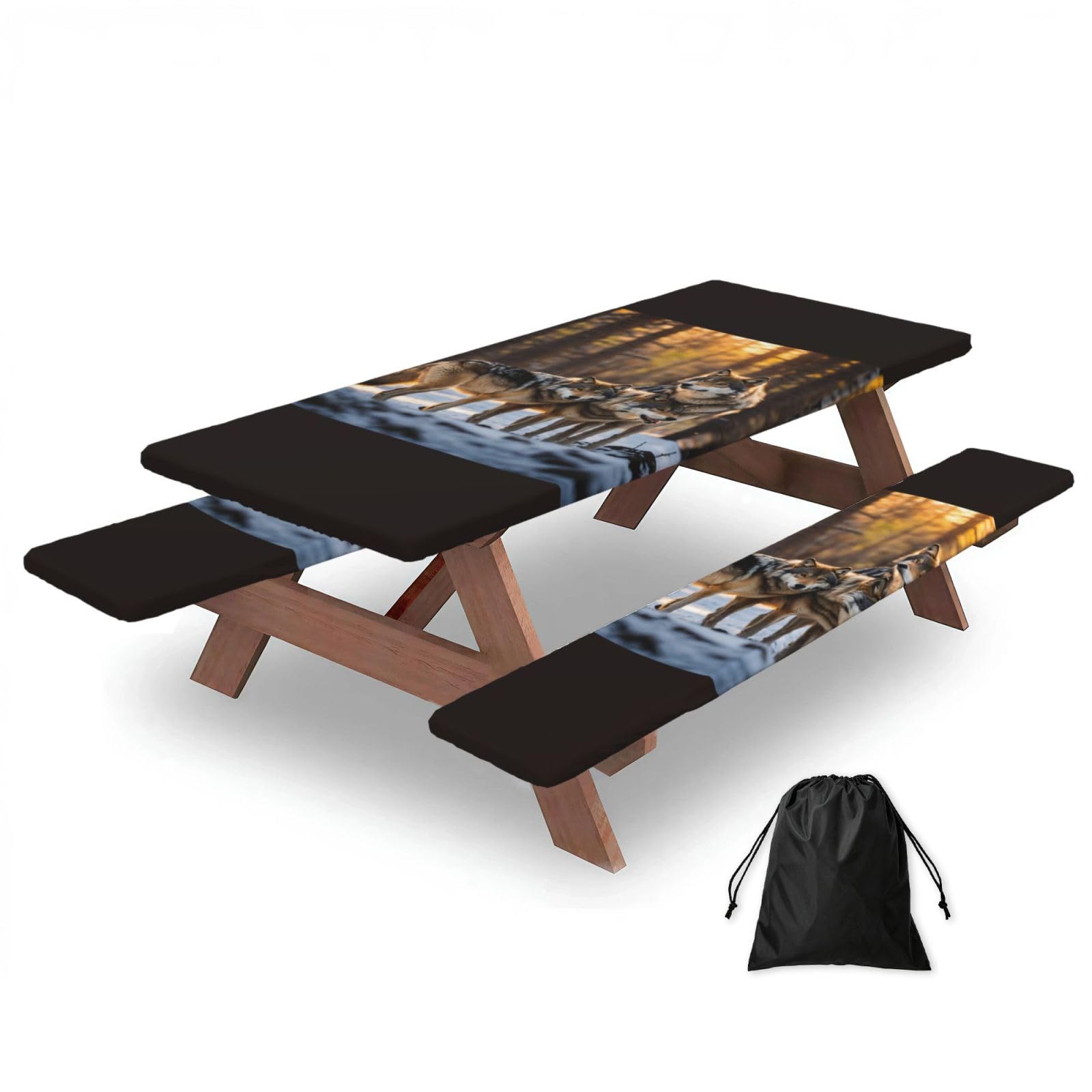 PPHGUT Wolfs Print Picnic Table Bench Cover Set Outdoor Garden Bbq Protector For Family Camping