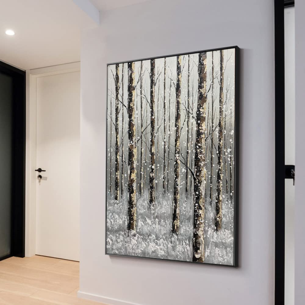 Art mural forêt de bouleaux effet de guérison thermique pour un salon serein et relaxant