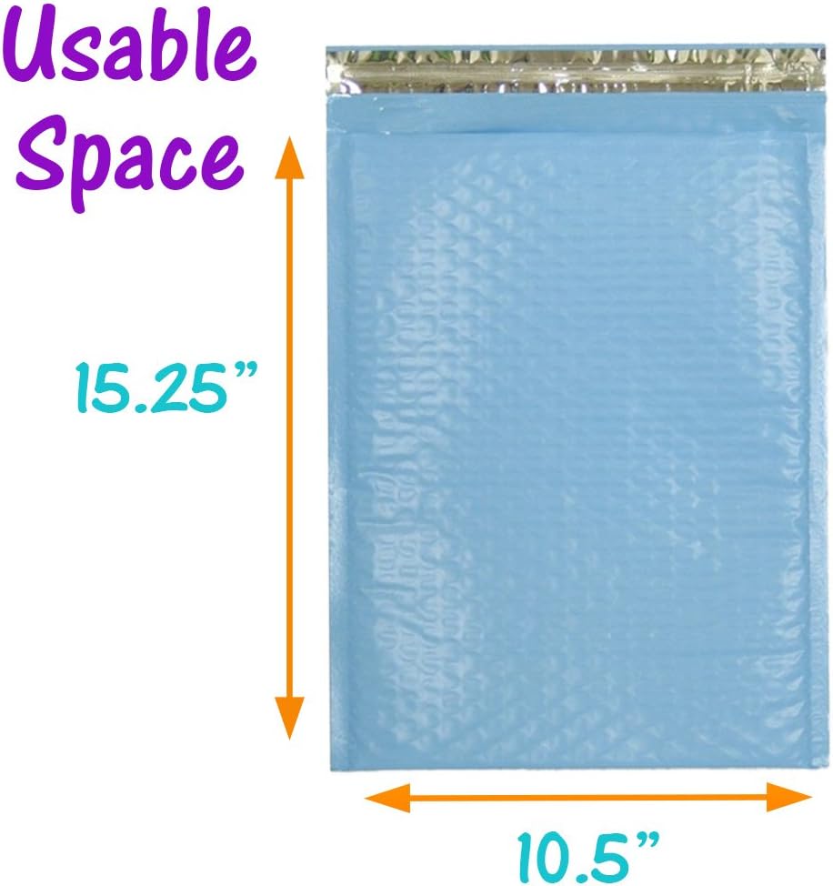 10.5 x 16" Designer Poly Bubble Mailers, Shipping Padded Envelopes, 10.5x15, Pink, Purple, Teal, Black, Orange, Blue, Yellow, Self Sealing with Custom Kissy Stickers (Pastel Blue, 30)