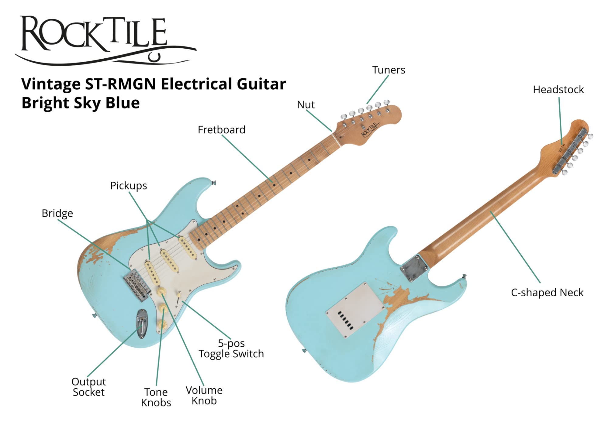 Rocktile Vinstage ST-RMGN E-Gitarre - Relic-Gitarre in Aged-Style - Korpus: Esche - Griffbrett/Hals: gerösteter Ahorn - 3x Single Coil Pickup - Vintage-Hardware - Bright Sky Blue